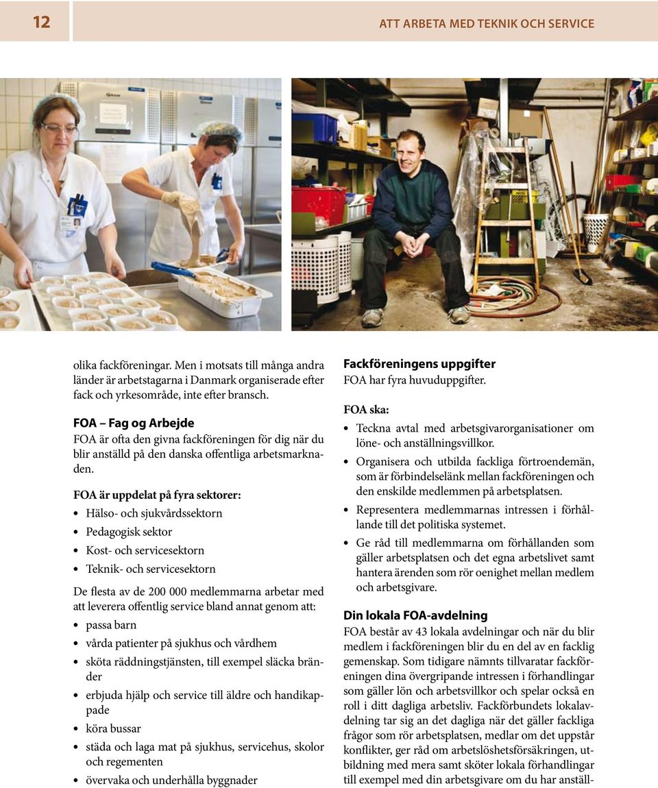 FOA är uppdelat på fyra sektorer: Hälso- och sjukvårdssektorn Pedagogisk sektor Kost- och servicesektorn Teknik- och servicesektorn De flesta av de 200 000 medlemmarna arbetar med att leverera