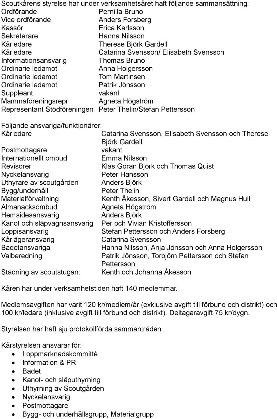 Jönsson Suppleant vakant Mammaföreningsrepr Agneta Högström Representant Stödföreningen Peter Thelin/Stefan Pettersson Följande ansvariga/funktionärer: Kårledare Catarina Svensson, Elisabeth Svensson