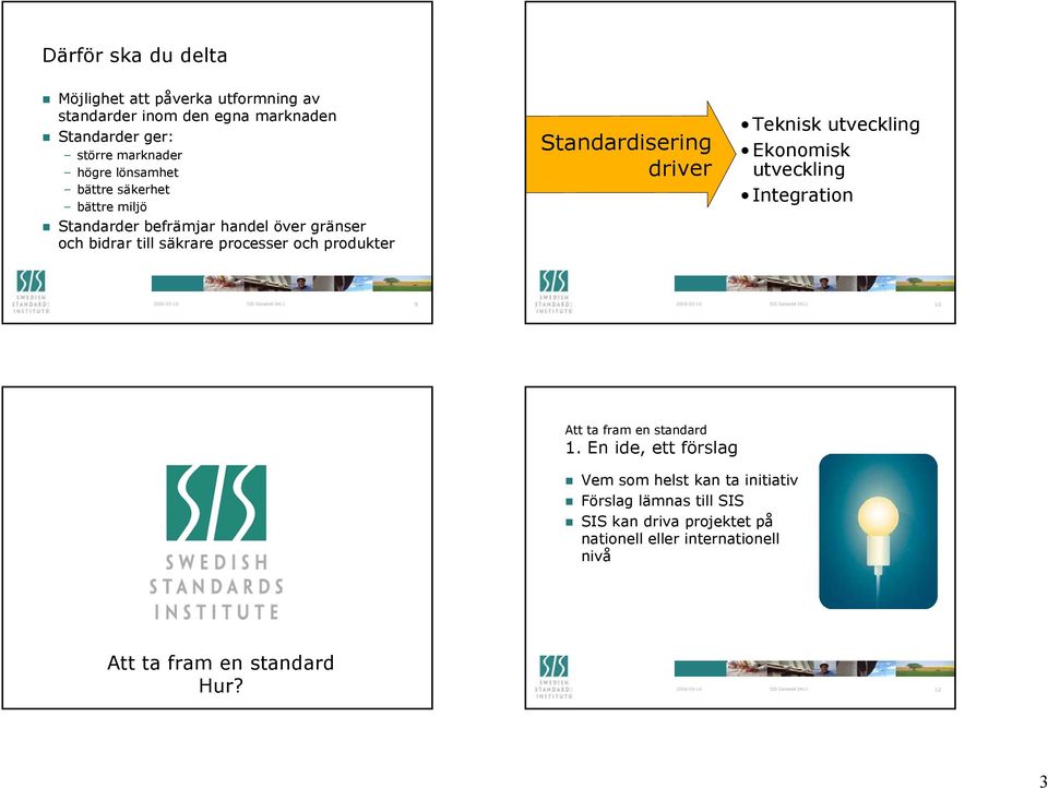 Standardisering driver Teknisk utveckling Ekonomisk utveckling Integration 9 10 1.