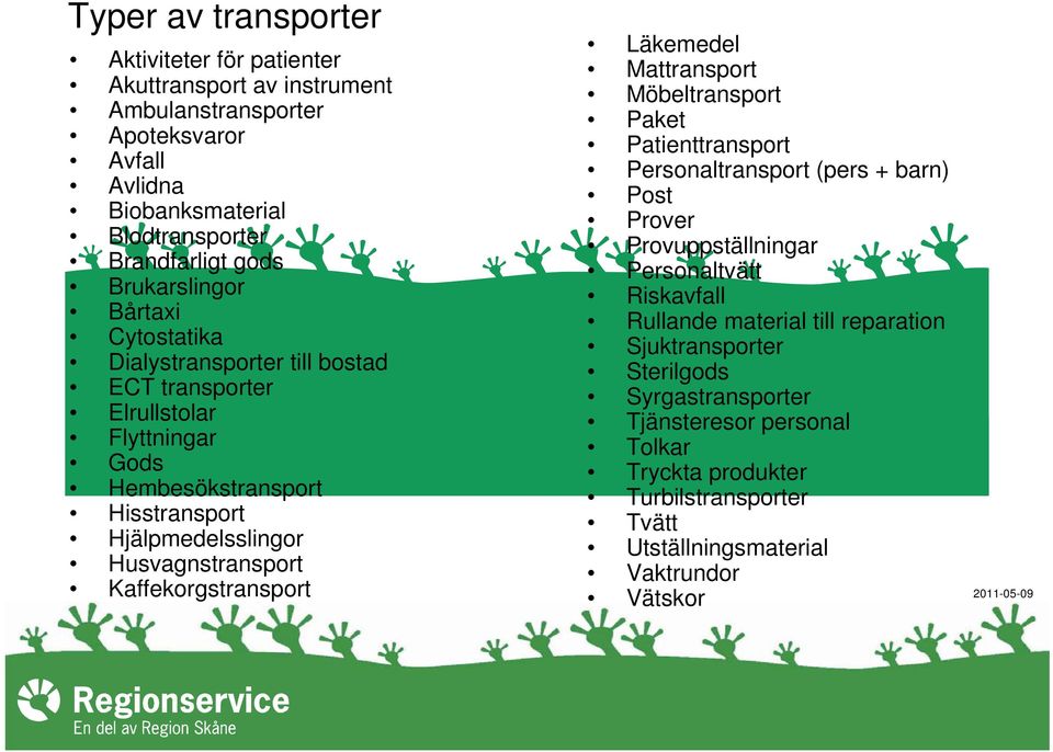 Kaffekorgstransport Läkemedel Mattransport Möbeltransport Paket Patienttransport Personaltransport (pers + barn) Post Prover Provuppställningar Personaltvätt Riskavfall Rullande