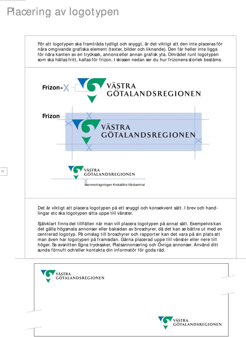 I skissen nedan ser du hur frizonens storlek bestäms. Frizon=x Frizon x x x x 10 x Barnmottagningen Krokslätts Vårdcentral Det är viktigt att placera logotypen på ett snyggt och konsekvent sätt.