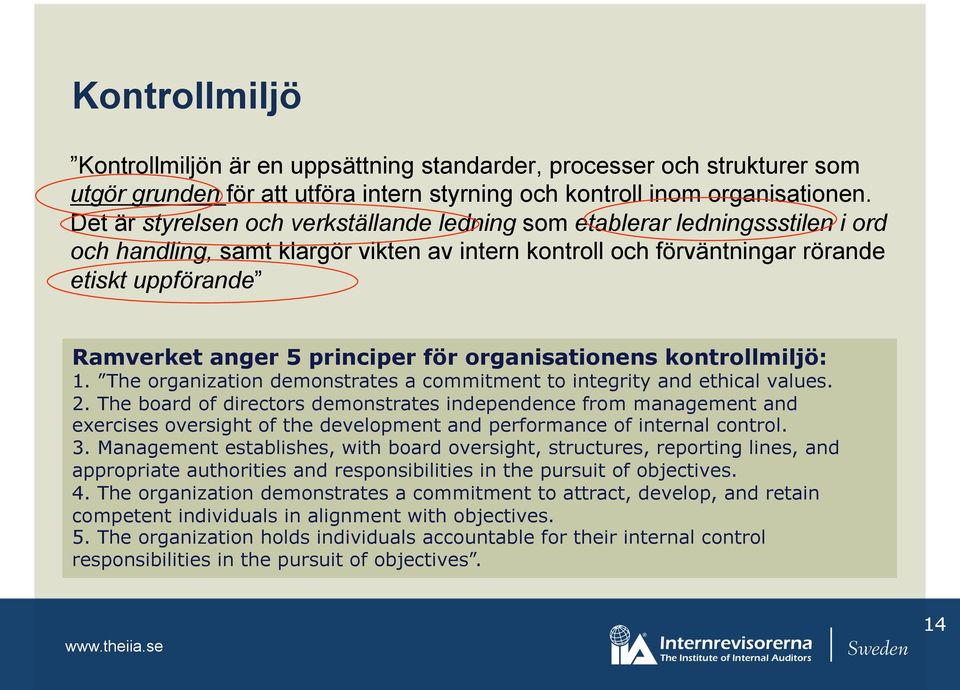 principer för organisationens kontrollmiljö: 1. The organization demonstrates a commitment to integrity and ethical values. 2.
