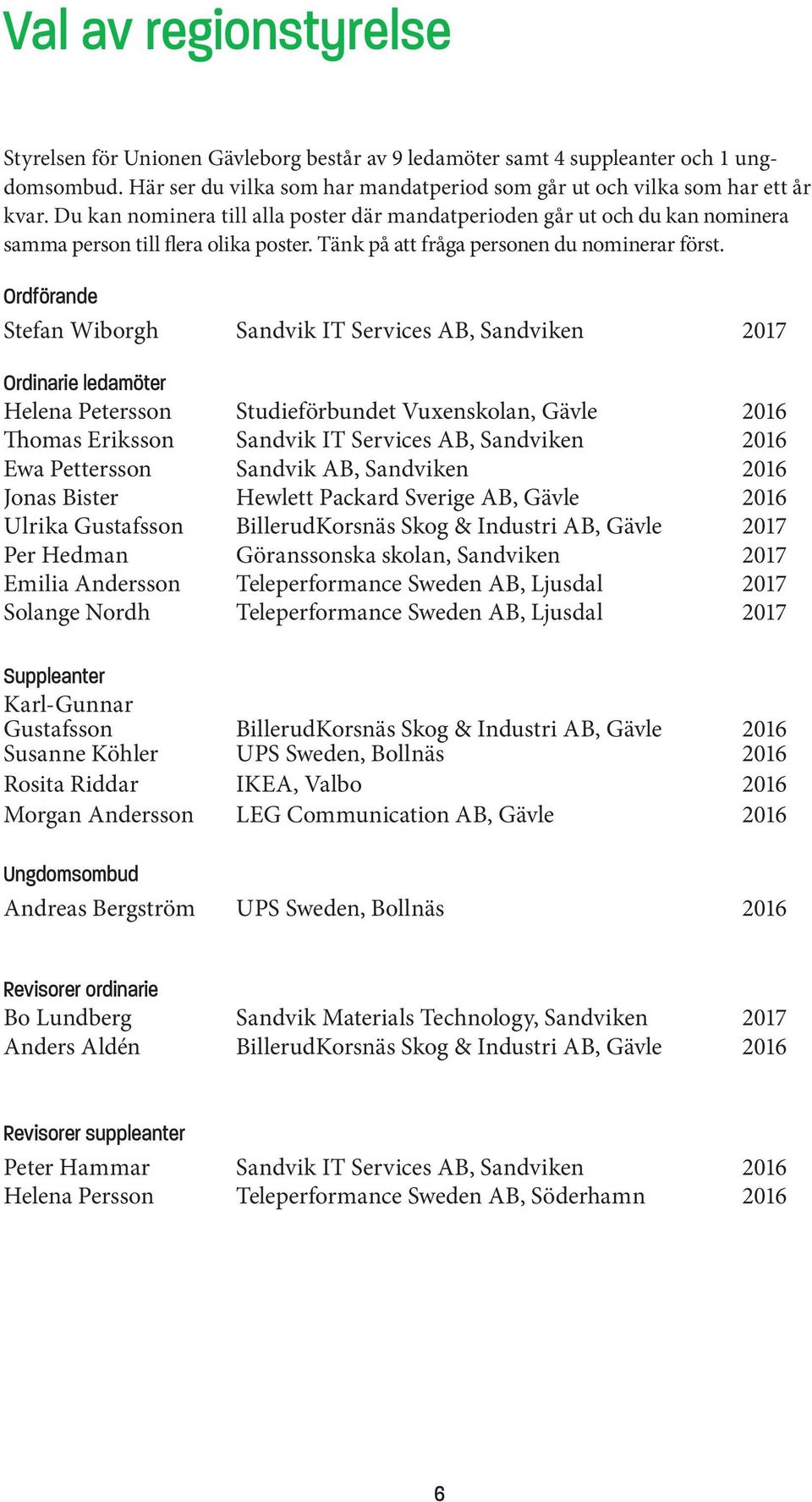 Ordförande Stefan Wiborgh Sandvik IT Services AB, Sandviken 2017 Ordinarie ledamöter Helena Petersson Studieförbundet Vuxenskolan, Gävle 2016 Thomas Eriksson Sandvik IT Services AB, Sandviken 2016
