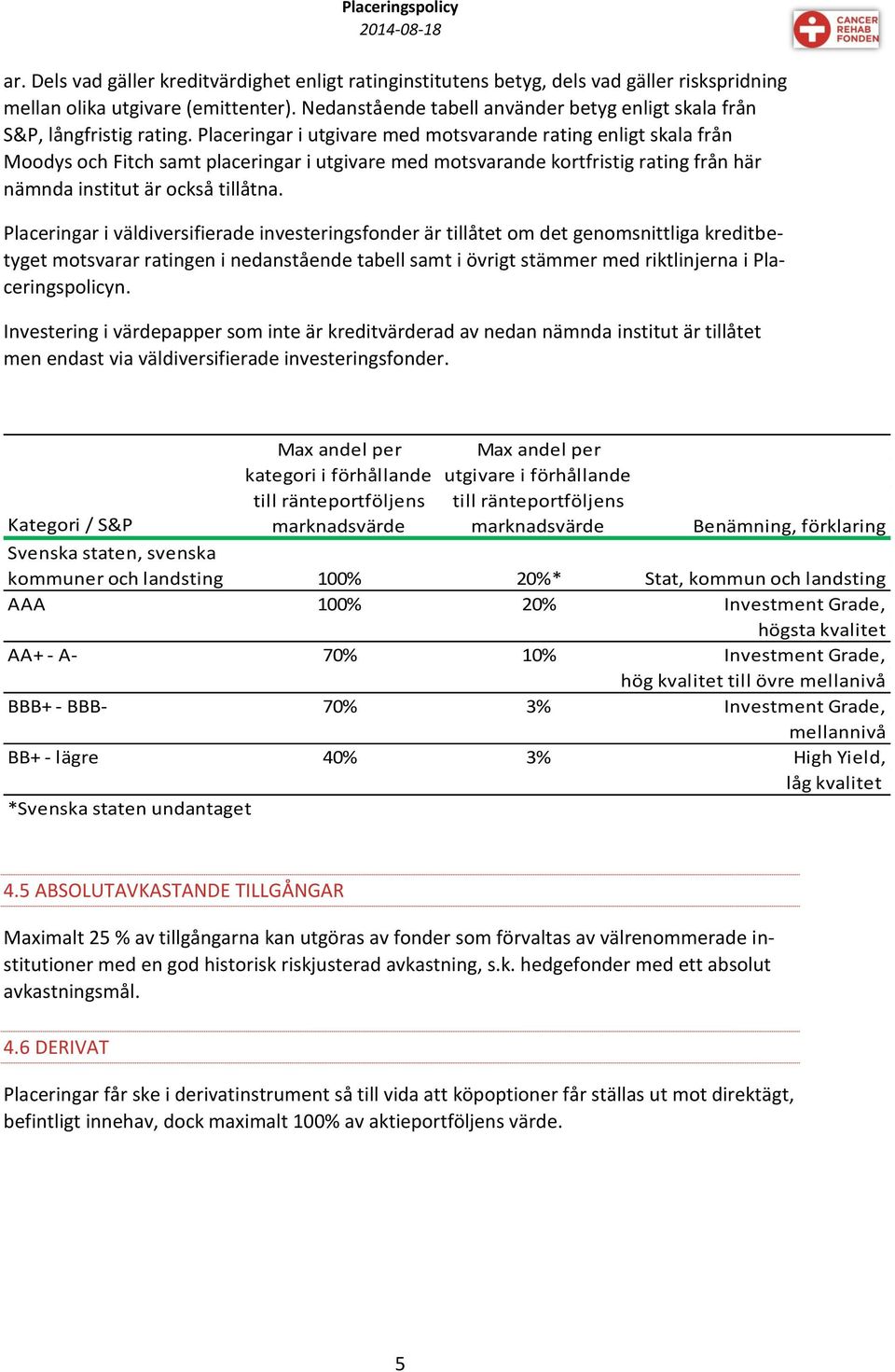 Placeringar i utgivare med motsvarande rating enligt skala från Moodys och Fitch samt placeringar i utgivare med motsvarande kortfristig rating från här nämnda institut är också tillåtna.