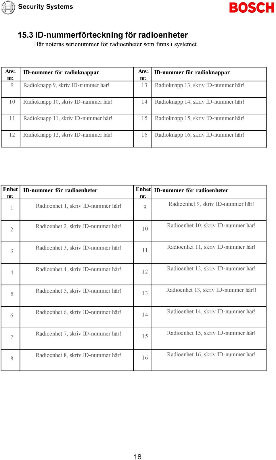 16 Radioknapp 16, skriv ID-nummer här! Enhet nr. 1 ID-nummer för radioenheter Radioenhet 1, skriv ID-nummer här! Enhet nr. 9 ID-nummer för radioenheter Radioenhet 9, skriv ID-nummer här!