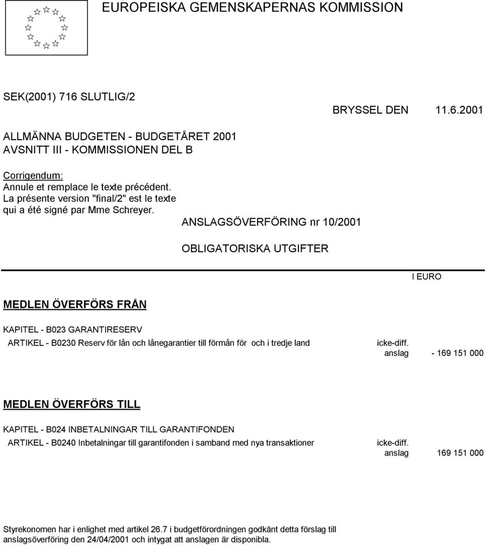 ANSLAGSÖVERFÖRING nr 10/2001 OBLIGATORISKA UTGIFTER I EURO MEDLEN ÖVERFÖRS FRÅN KAPITEL - B023 GARANTIRESERV ARTIKEL - B0230 Reserv för lån och lånegarantier till förmån för och i tredje land