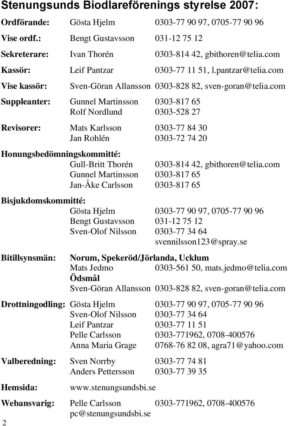 com Suppleanter: Gunnel Martinsson 0303-817 65 Rolf Nordlund 0303-528 27 Revisorer: Mats Karlsson 0303-77 84 30 Jan Rohlén 0303-72 74 20 Honungsbedömningskommitté: Gull-Britt Thorén 0303-814 42,