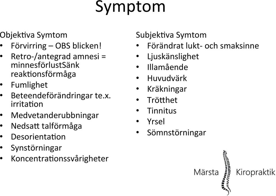 x. irritafon Medvetanderubbningar NedsaL talförmåga DesorientaFon Synstörningar