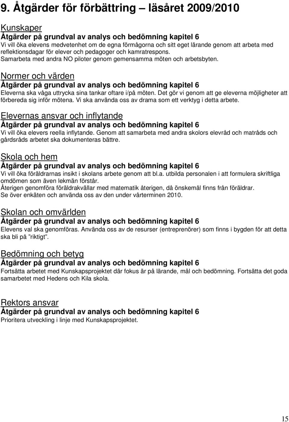 Normer och värden Åtgärder på grundval av analys och bedömning kapitel 6 Eleverna ska våga uttrycka sina tankar oftare i/på möten.