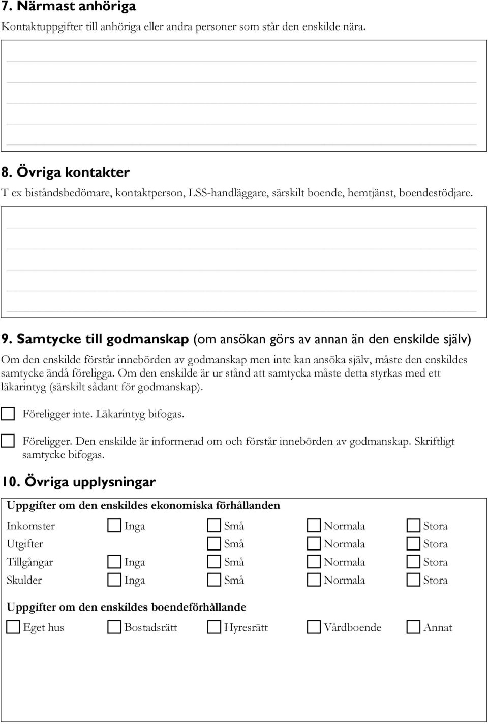 Samtycke till godmanskap (om ansökan görs av annan än den enskilde själv) Om den enskilde förstår innebörden av godmanskap men inte kan ansöka själv, måste den enskildes samtycke ändå föreligga.