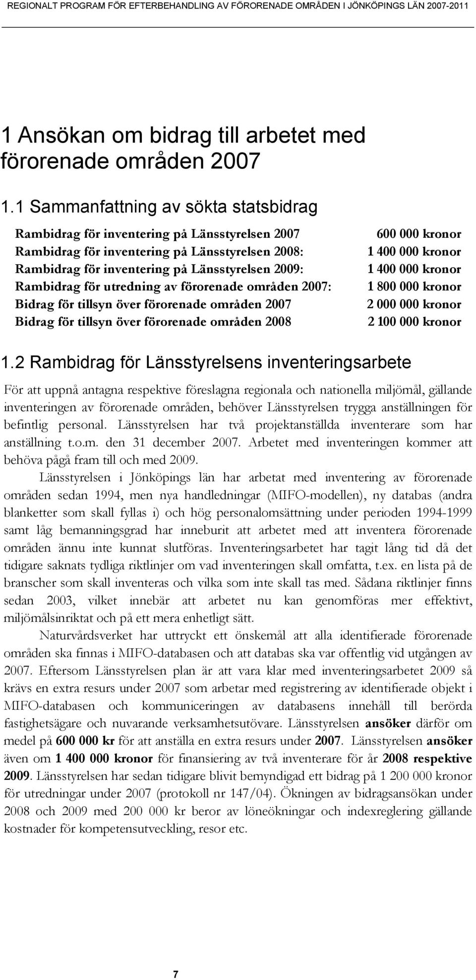 utredning av förorenade områden 2007: Bidrag för tillsyn över förorenade områden 2007 Bidrag för tillsyn över förorenade områden 2008 600 000 kronor 1 400 000 kronor 1 400 000 kronor 1 800 000 kronor