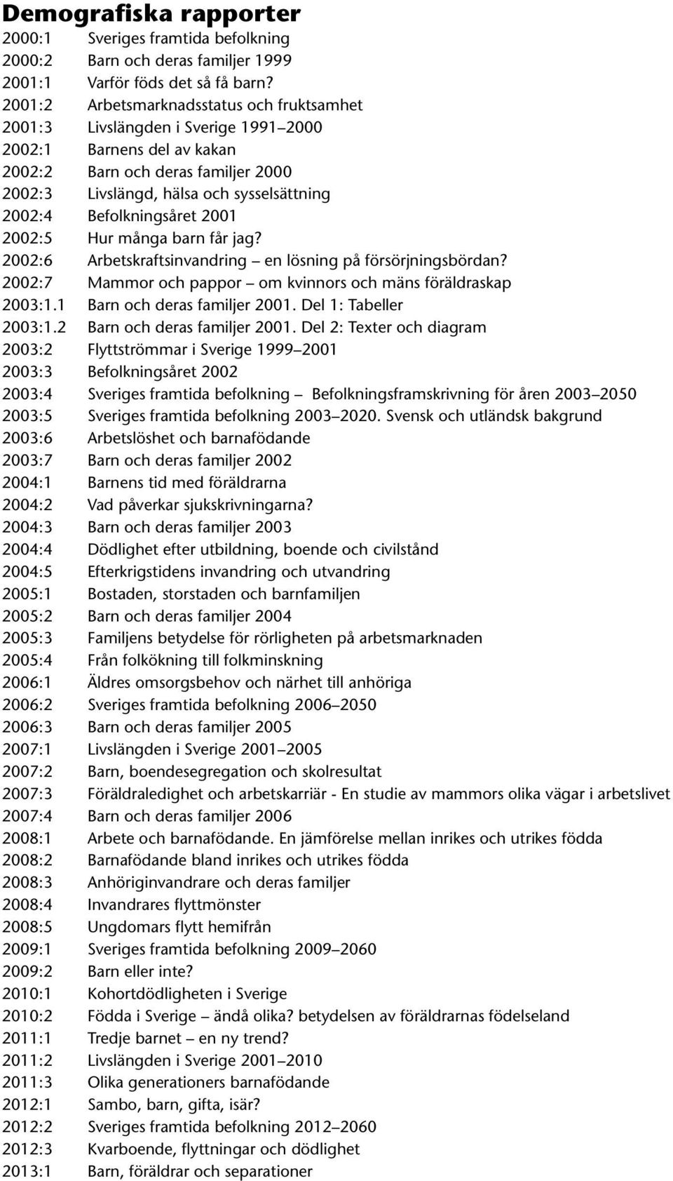 Befolkningsåret 2001 2002:5 Hur många barn får jag? 2002:6 Arbetskraftsinvandring en lösning på försörjningsbördan? 2002:7 Mammor och pappor om kvinnors och mäns föräldraskap 2003:1.