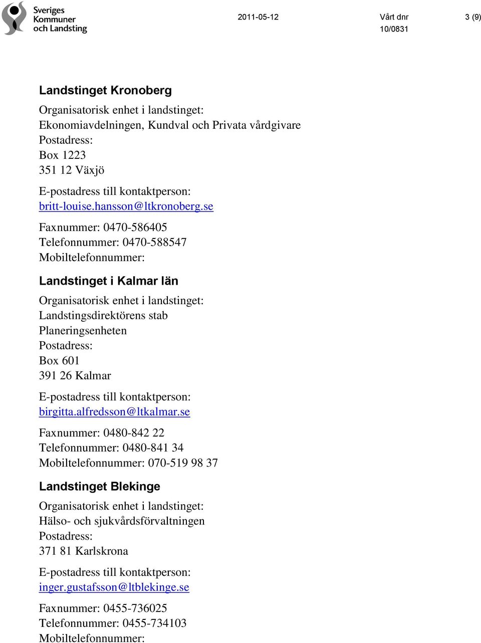 se Faxnummer: 0470-586405 Telefonnummer: 0470-588547 Landstinget i Kalmar län Landstingsdirektörens stab Planeringsenheten Box 601 391