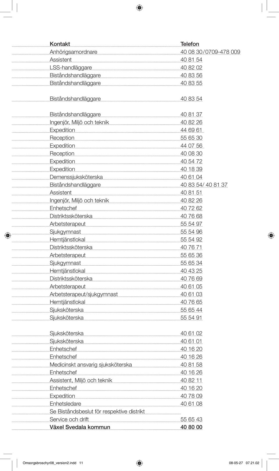 Demenssjuksköterska 40 61 04 Biståndshandläggare 40 83 54/ 40 81 37 Assistent 40 81 51 Ingenjör, Miljö och teknik 40 82 26 Enhetschef 40 72 62 Distriktssköterska 40 76 68 Arbetsterapeut 55 54 97