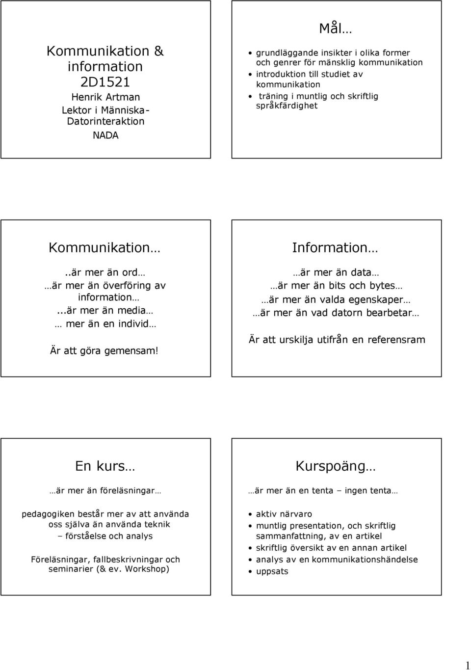 Information är mer än data är mer än bits och bytes är mer än valda egenskaper är mer än vad datorn bearbetar Är att urskilja utifrån en referensram En kurs är mer än föreläsningar Kurspoäng är mer