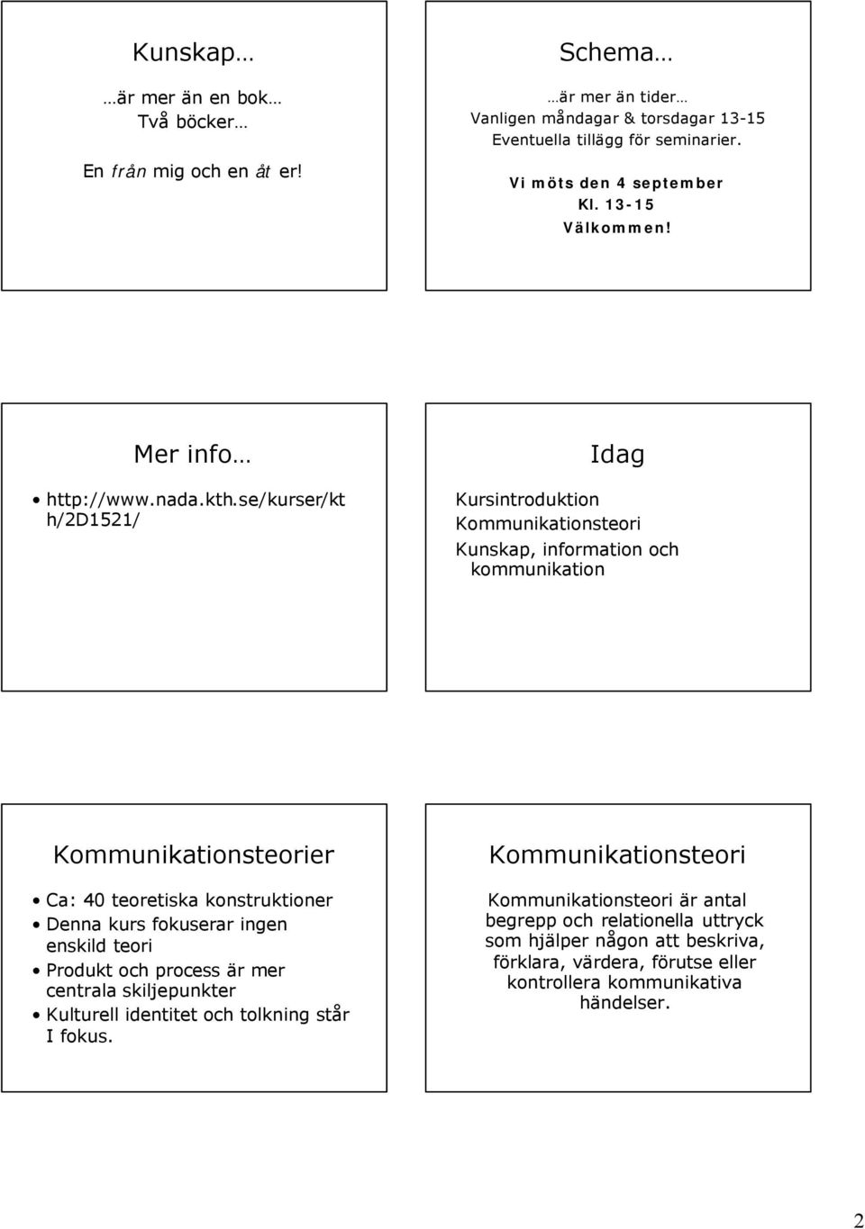se/kurser/kt h/2d1521/ Idag Kursintroduktion Kommunikationsteori Kunskap, information och kommunikation Kommunikationsteorier Ca: 40 teoretiska konstruktioner Denna kurs