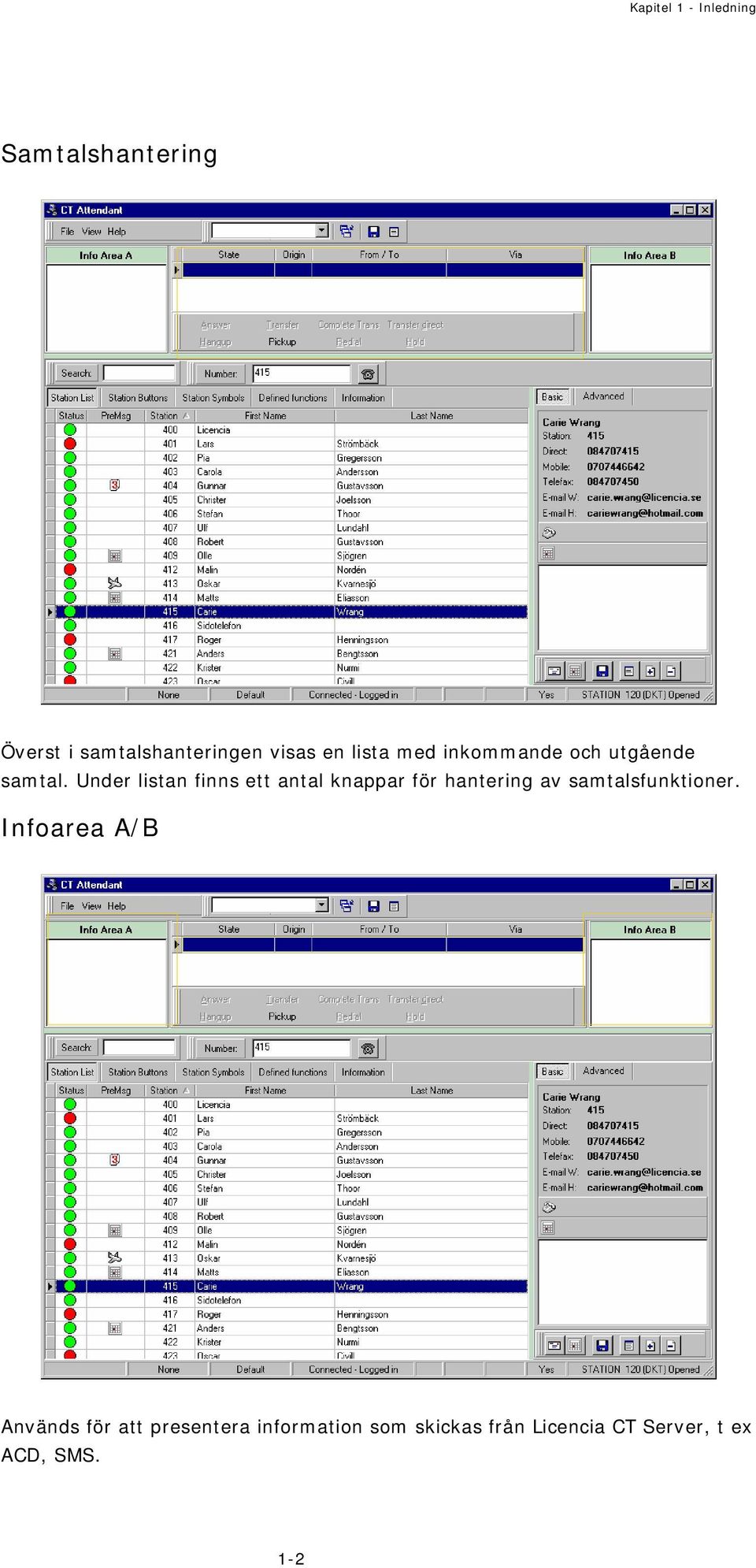 Under listan finns ett antal knappar för hantering av samtalsfunktioner.