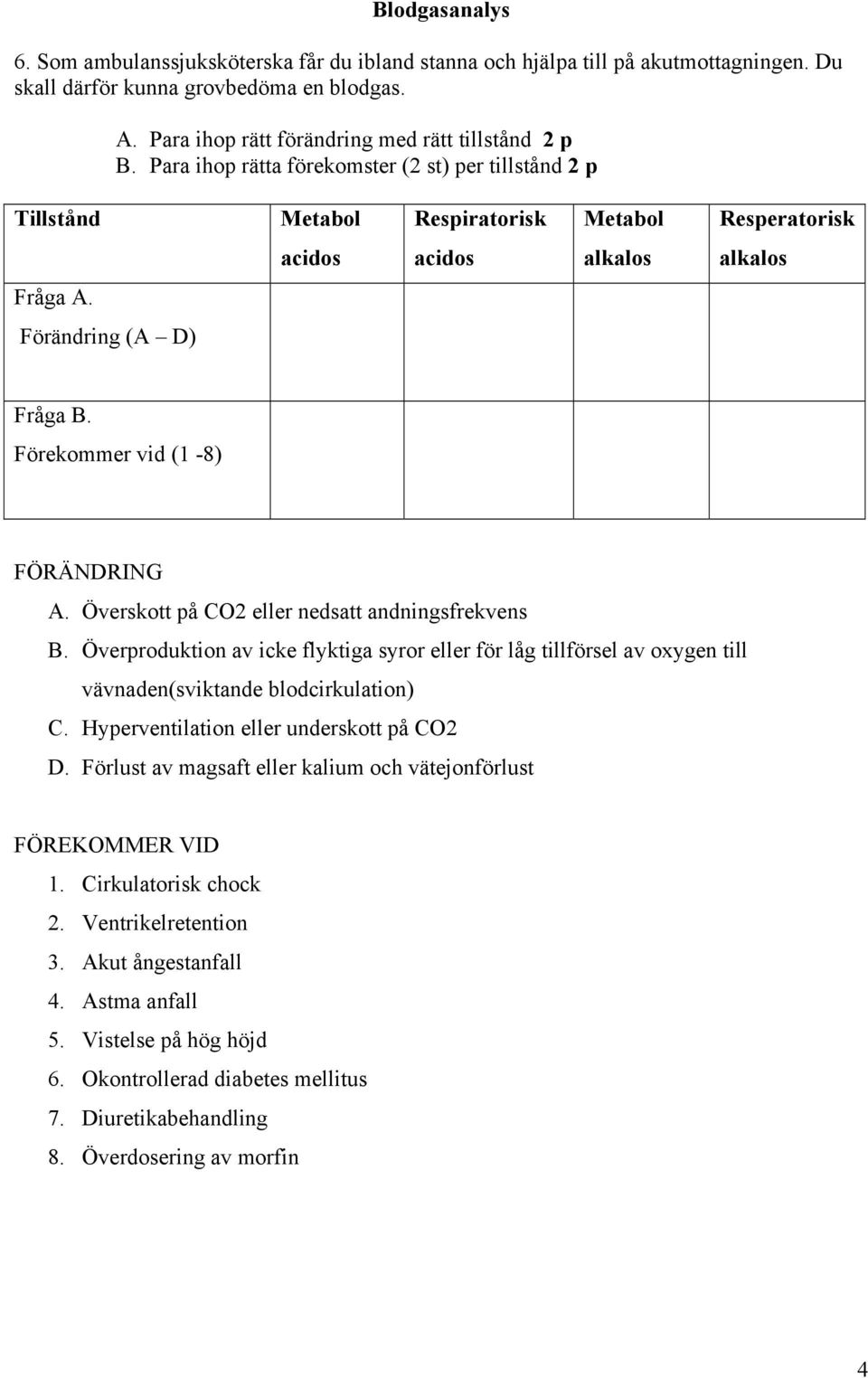 Förekommer vid (1-8) FÖRÄNDRING A. Överskott på CO2 eller nedsatt andningsfrekvens B.