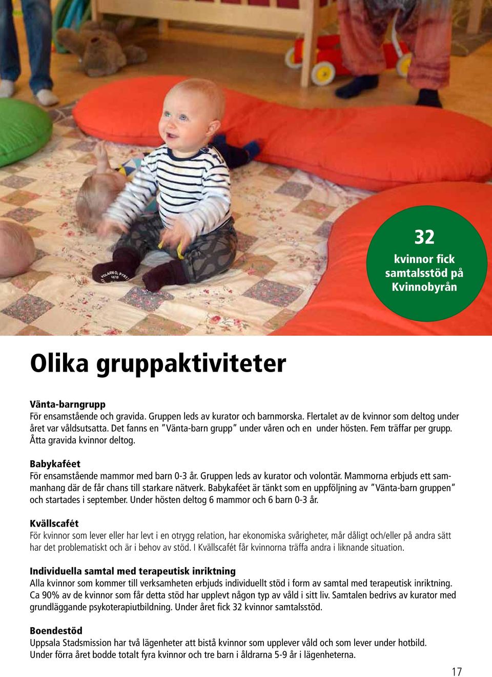 Babykaféet För ensamstående mammor med barn 0-3 år. Gruppen leds av kurator och volontär. Mammorna erbjuds ett sammanhang där de får chans till starkare nätverk.