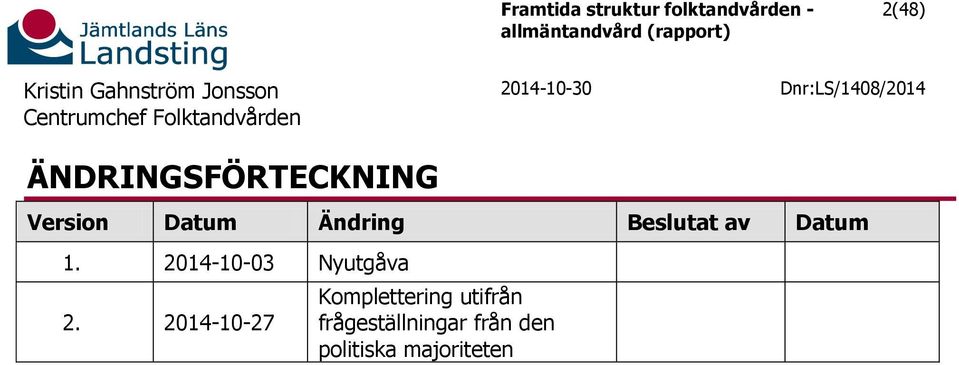 Version Datum Ändring Beslutat av Datum 1. 2014-10-03 Nyutgåva 2.