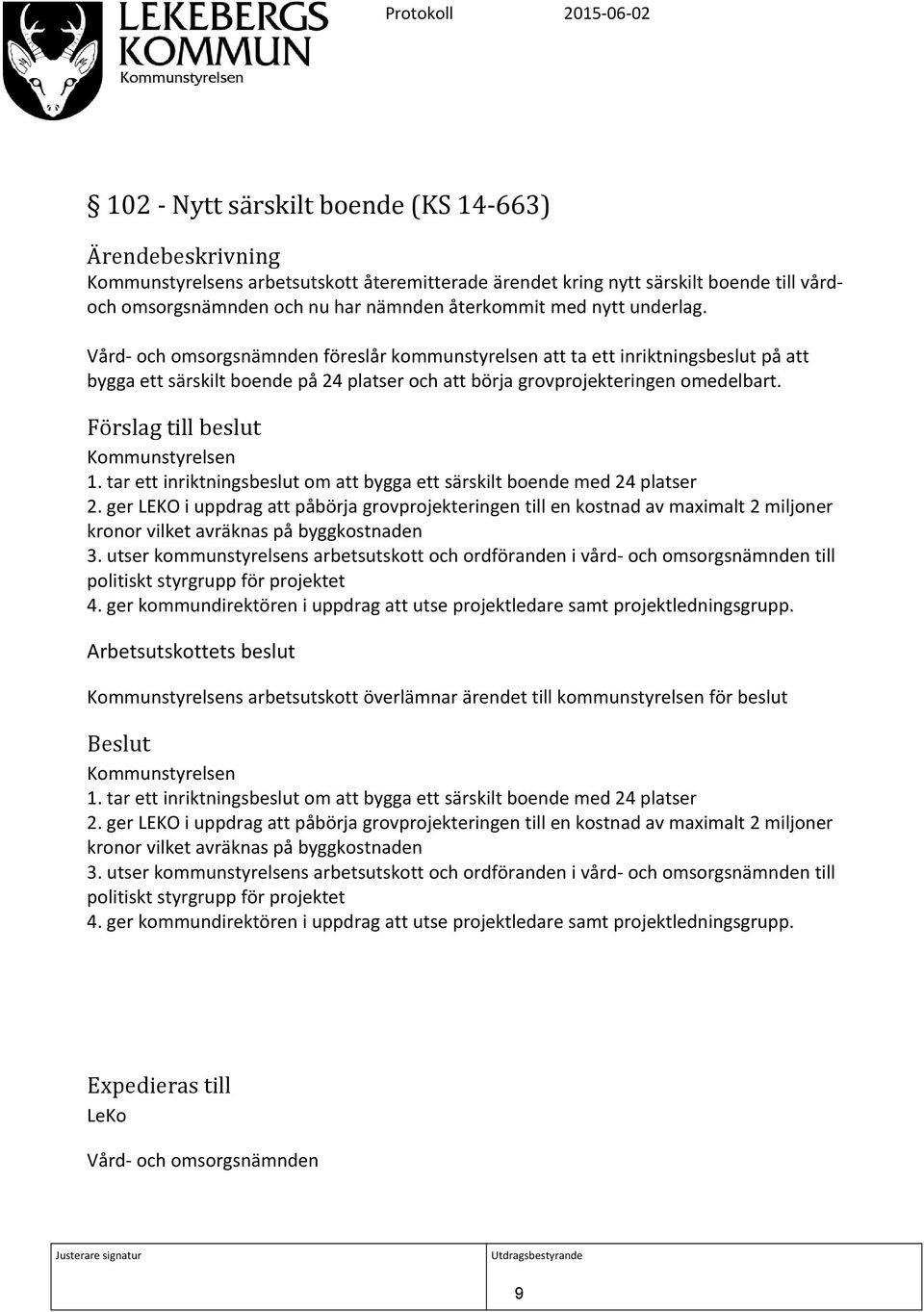 Förslag till beslut Kommunstyrelsen 1. tar ett inriktningsbeslut om att bygga ett särskilt boende med 24 platser 2.