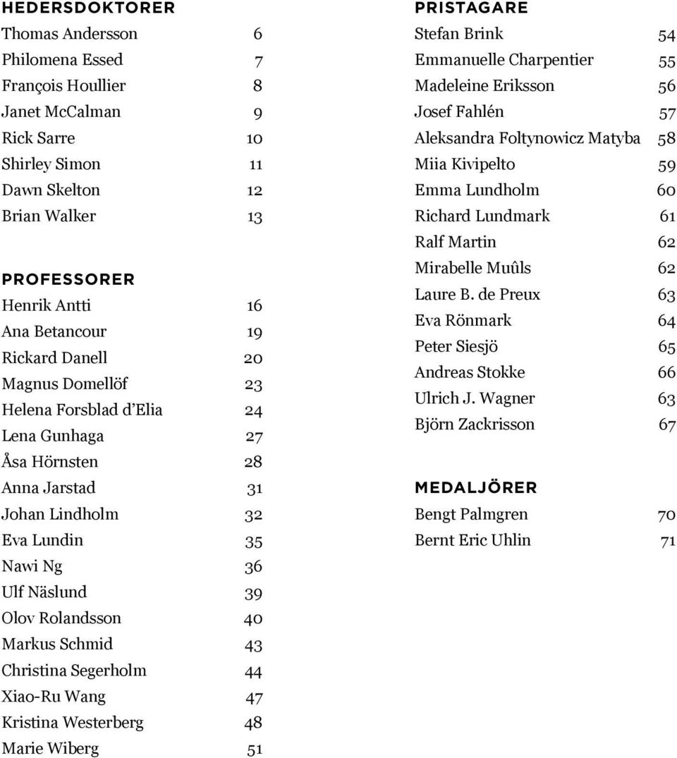 Schmid 43 Christina Segerholm 44 Xiao-Ru Wang 47 Kristina Westerberg 48 Marie Wiberg 51 PRISTAGARE Stefan Brink 54 Emmanuelle Charpentier 55 Madeleine Eriksson 56 Josef Fahlén 57 Aleksandra