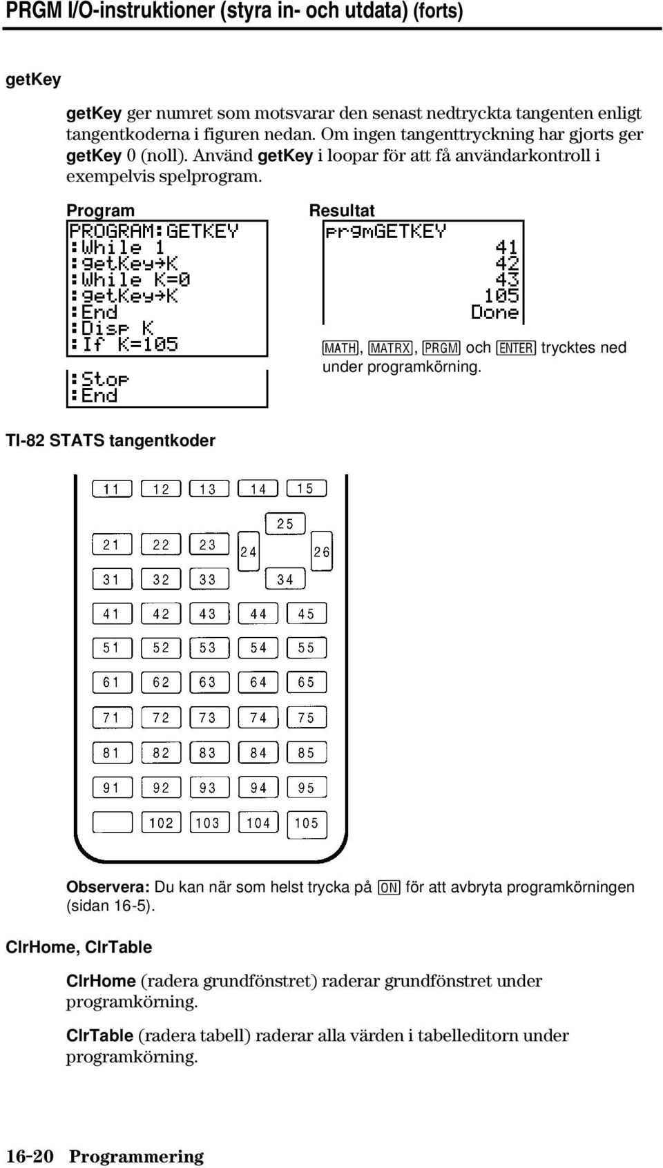 ,, och Í trycktes ned under programkörning. TI-82 STATS tangentkoder Observera: Du kan när som helst trycka på É för att avbryta programkörningen (sidan 16-5).