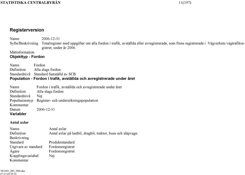 Namn Fordon Definition Alla slags fordon Standardnivå Standard fastställd av SCB Population - Fordon i trafik, avställda och avregistrerade under året Namn Fordon i trafik, avställda och
