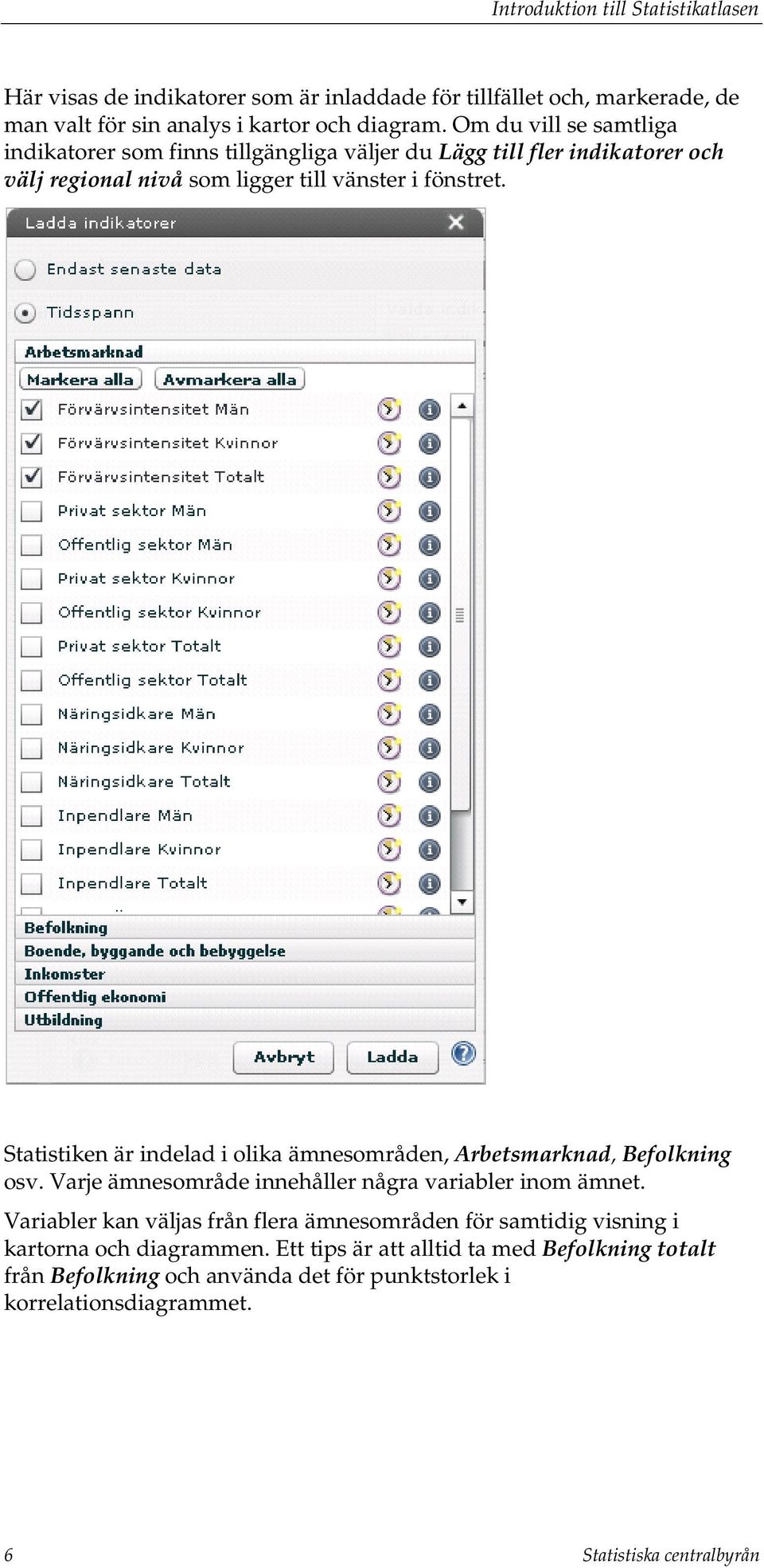 Statistiken är indelad i olika ämnesområden, Arbetsmarknad, Befolkning osv. Varje ämnesområde innehåller några variabler inom ämnet.