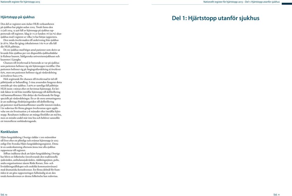 Idag är 72 av landets 76 (95 %) akutsjukhus med i registret av vilka 70 har börjat rapportera. Den totala överlevnaden till utskrivning från sjukhus är 28 %.