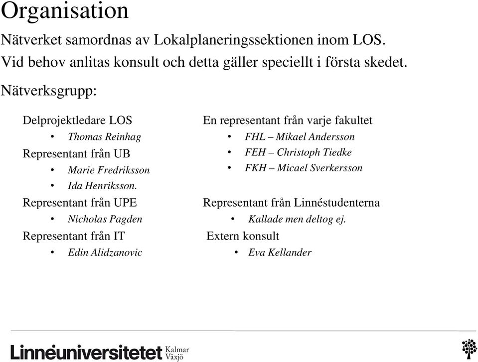 Nätverksgrupp: Delprojektledare LOS Thomas Reinhag Representant från UB Marie Fredriksson Ida Henriksson.