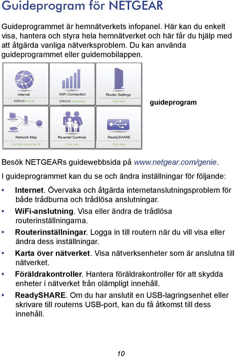 Internet STATUS GOOD WiFi Connection STATUS Connected Router Settings Click here guideprogram Network Map Parental Controls ReadySHARE Number of devices 16 Click here Click here Besök NETGEARs