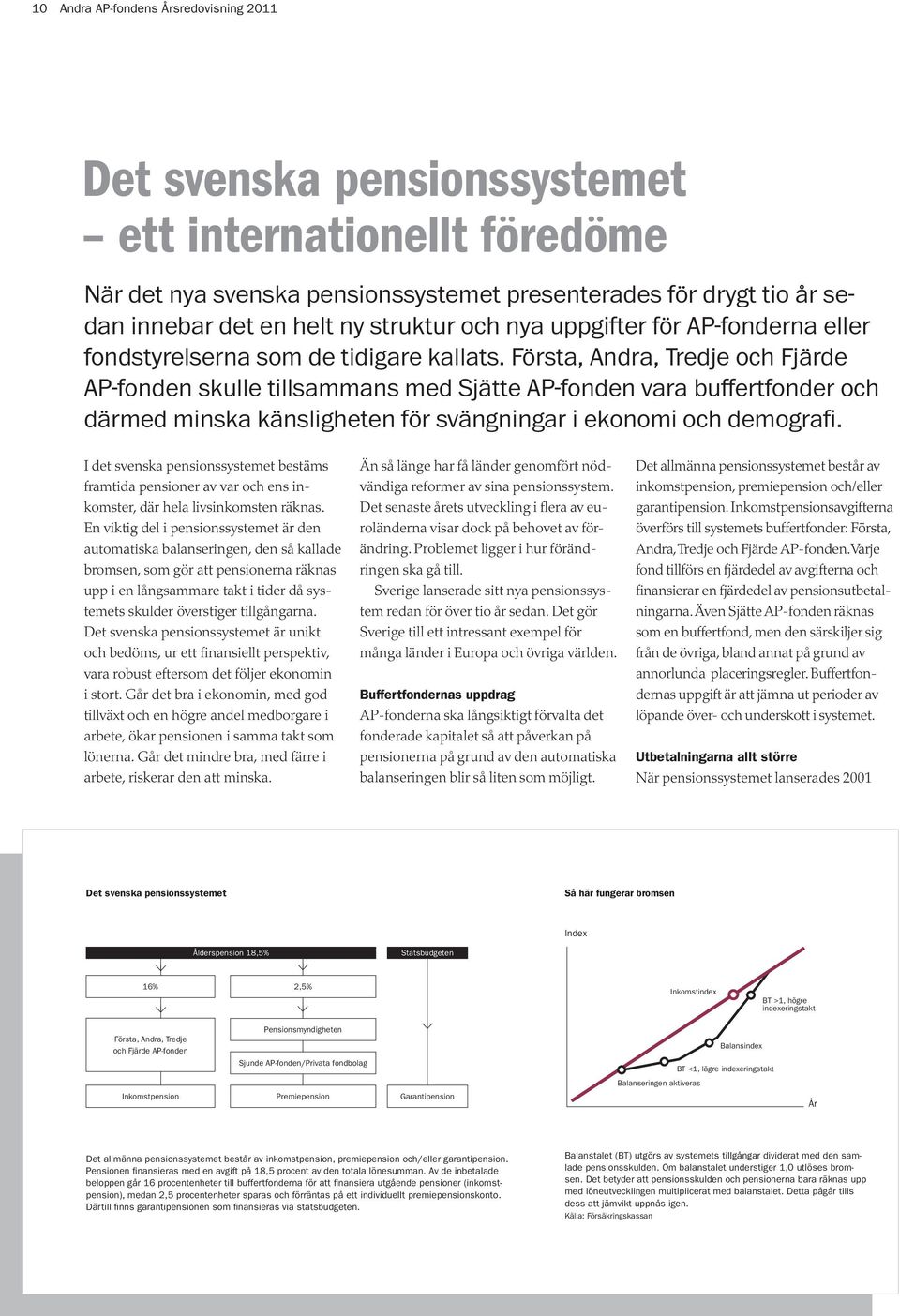 Första, Andra, Tredje och Fjärde AP-fonden skulle tillsammans med Sjätte AP-fonden vara buffertfonder och därmed minska känsligheten för svängningar i ekonomi och demografi.