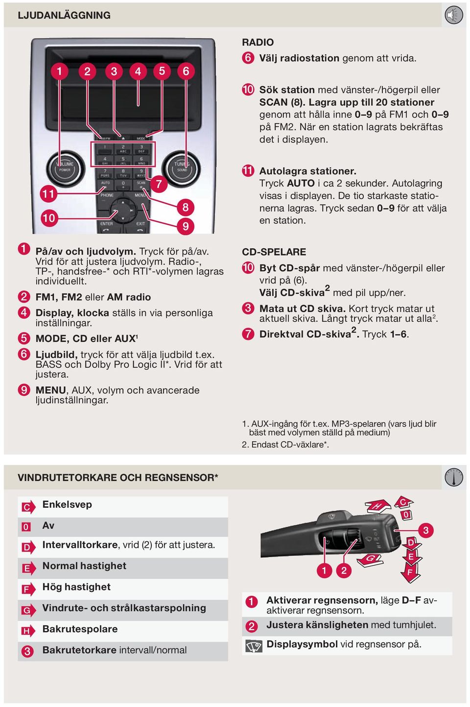 Tryck sedan 0 9 för att välja en station. 1 På/av och ljudvolym. Tryck för på/av. Vrid för att justera ljudvolym. Radio-, TP-, handsfree-* och RTI*-volymen lagras individuellt.