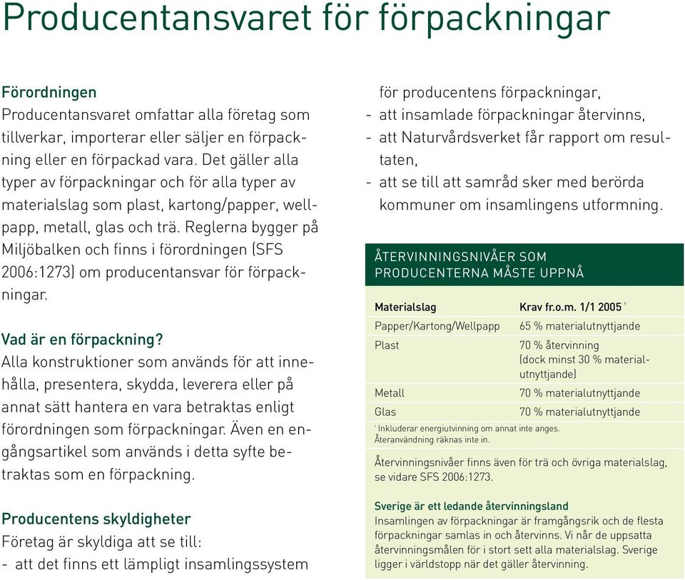 Reglerna bygger på Miljöbalken och finns i förordningen (SFS 2006:1273) om producentansvar för förpackningar. Vad är en förpackning?