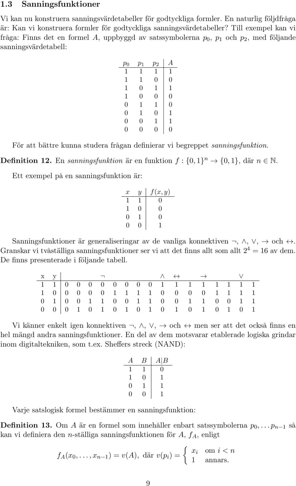 0 0 För att bättre kunna studera frågan definierar vi begreppet sanningsfunktion. Definition 12. En sanningsfunktion är en funktion f : {0, 1} n {0, 1}, där n N.