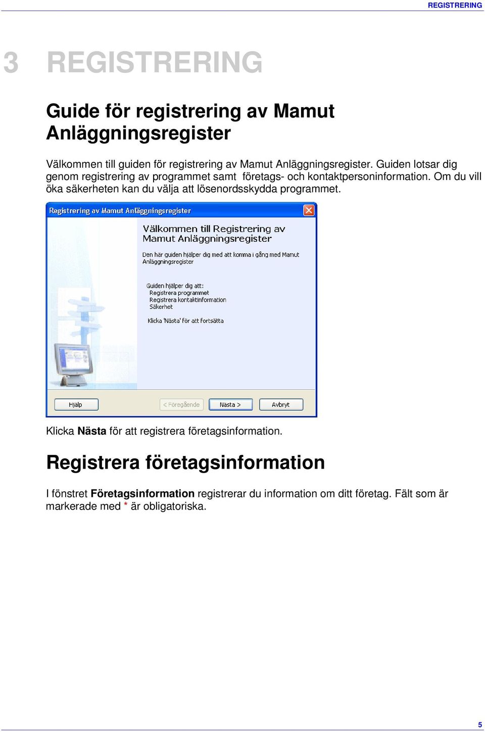 Om du vill öka säkerheten kan du välja att lösenordsskydda programmet. Klicka Nästa för att registrera företagsinformation.