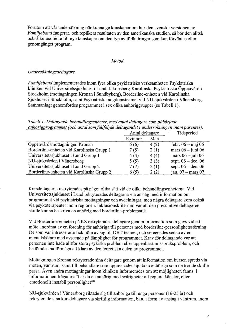 Metod Undersökningsdeltagare Familjeband implementerades inom fyra olika psykiatriska verksamheter : Psykiatriska kliniken vid Universitetssjukhuset i Lund, Jakobsberg -Karolinska Psykiatriska