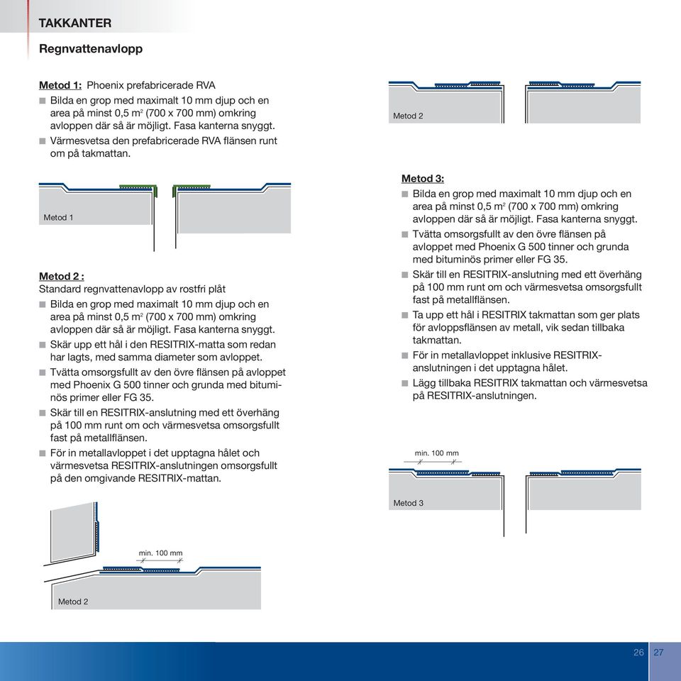 Metod 2 Metod 1 Metod 2 : Standard regnvattenavlopp av rostfri plåt Bilda en grop med maximalt 10 mm djup och en area på minst 0,5 m 2 (700 x 700 mm) omkring avloppen där så är möjligt.