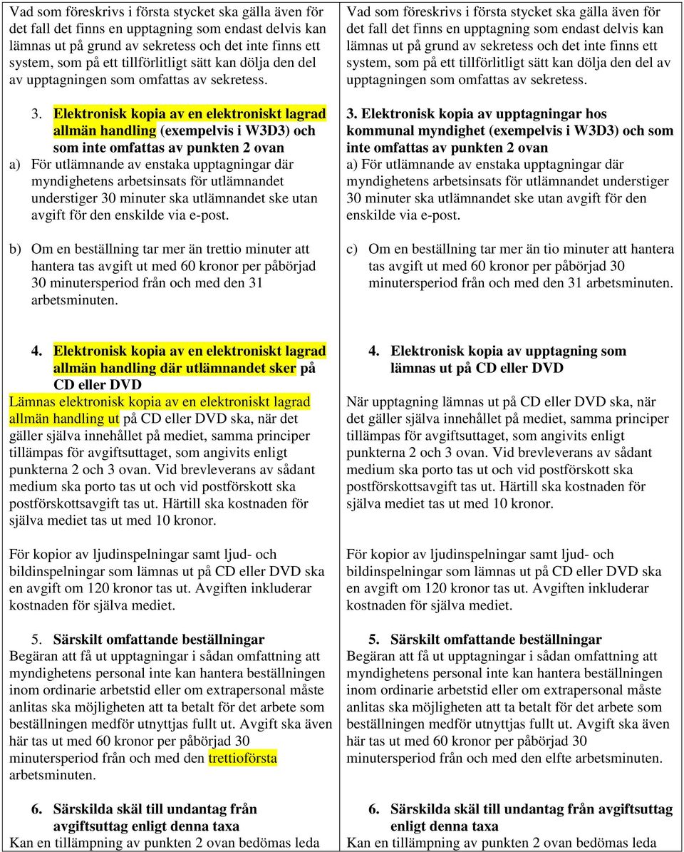 Elektronisk kopia av en elektroniskt lagrad allmän handling (exempelvis i W3D3) och som inte omfattas av punkten 2 ovan a) För utlämnande av enstaka upptagningar där myndighetens arbetsinsats för