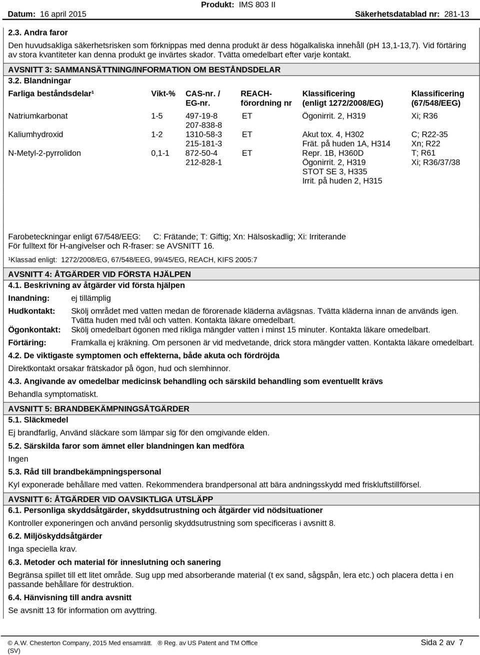 Blandningar Farliga beståndsdelar¹ Vikt-% CAS-nr. / EG-nr.