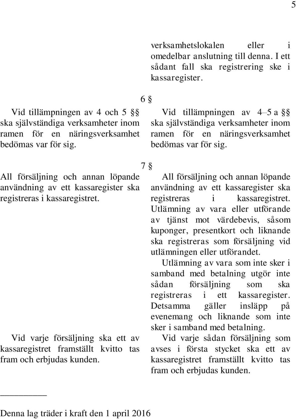 6 7 Denna lag träder i kraft den 1 april 2016 verksamhetslokalen eller i omedelbar anslutning till denna. I ett sådant fall ska registrering ske i kassaregister.