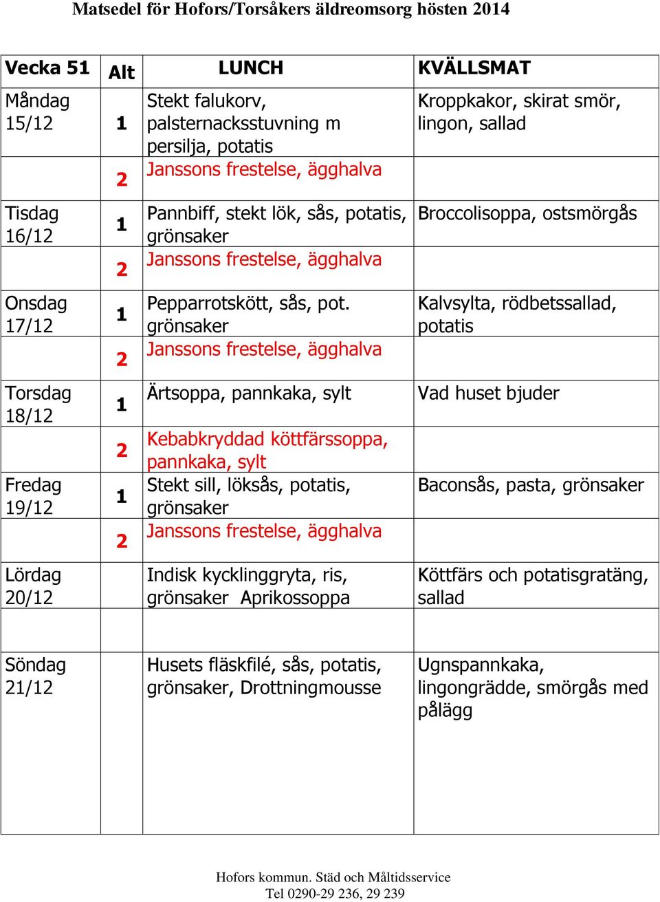 Ärtsoppa, pannkaka, sylt Kebabkryddad köttfärssoppa, pannkaka, sylt Stekt sill, löksås, potatis, Indisk kycklinggryta, ris, Aprikossoppa Kroppkakor, skirat