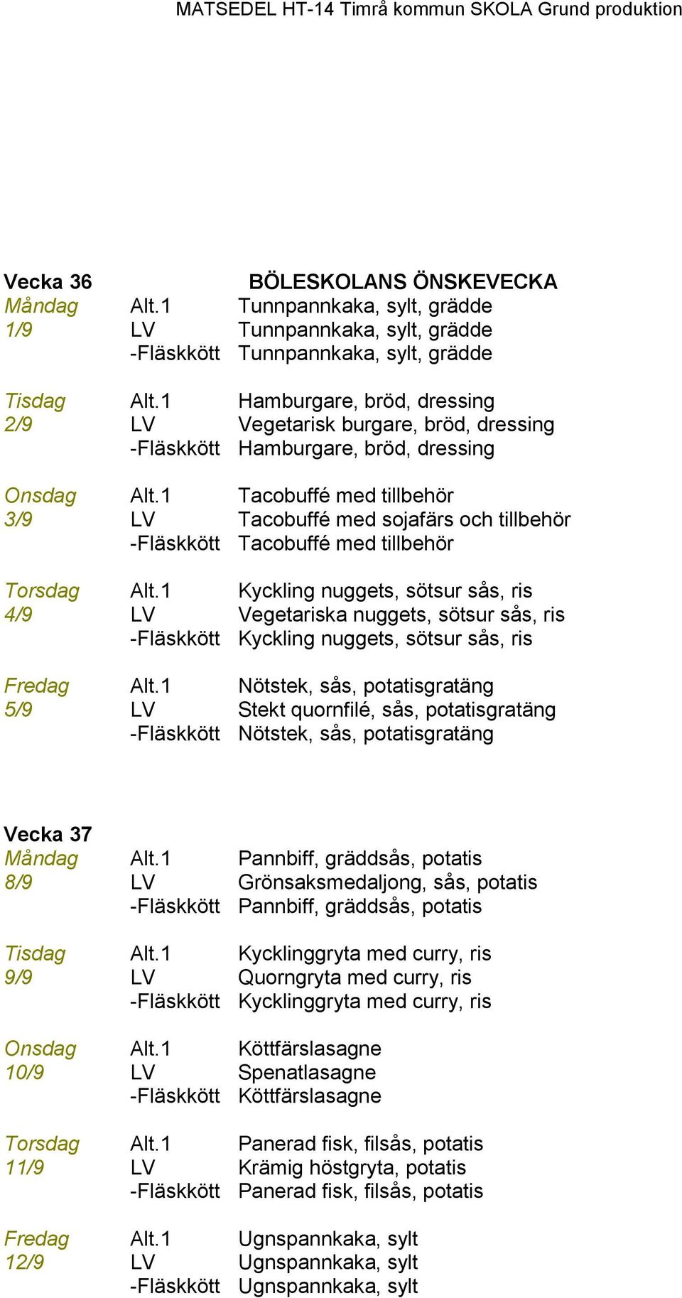 1 Tacobuffé med tillbehör 3/9 LV Tacobuffé med sojafärs och tillbehör -Fläskkött Tacobuffé med tillbehör Torsdag Alt.