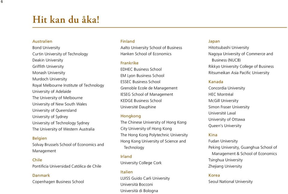 The University of Melbourne University of New South Wales University of Queensland University of Sydney University of Technology Sydney The University of Western Australia Belgien Solvay Brussels