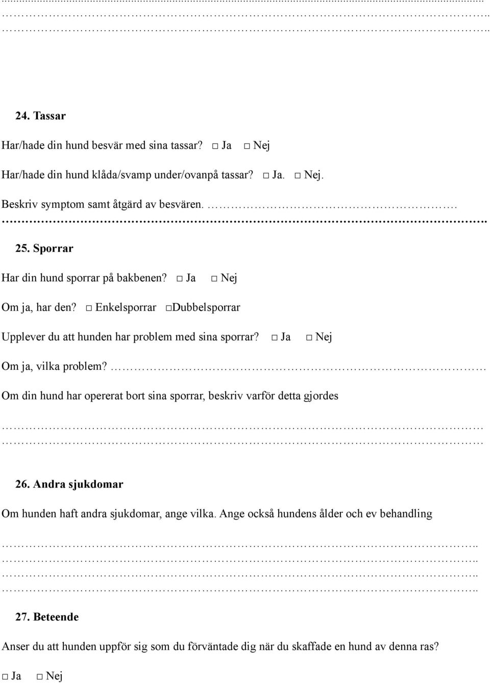 Ja Om ja, vilka problem? Om din hund har opererat bort sina sporrar, beskriv varför detta gjordes 26.