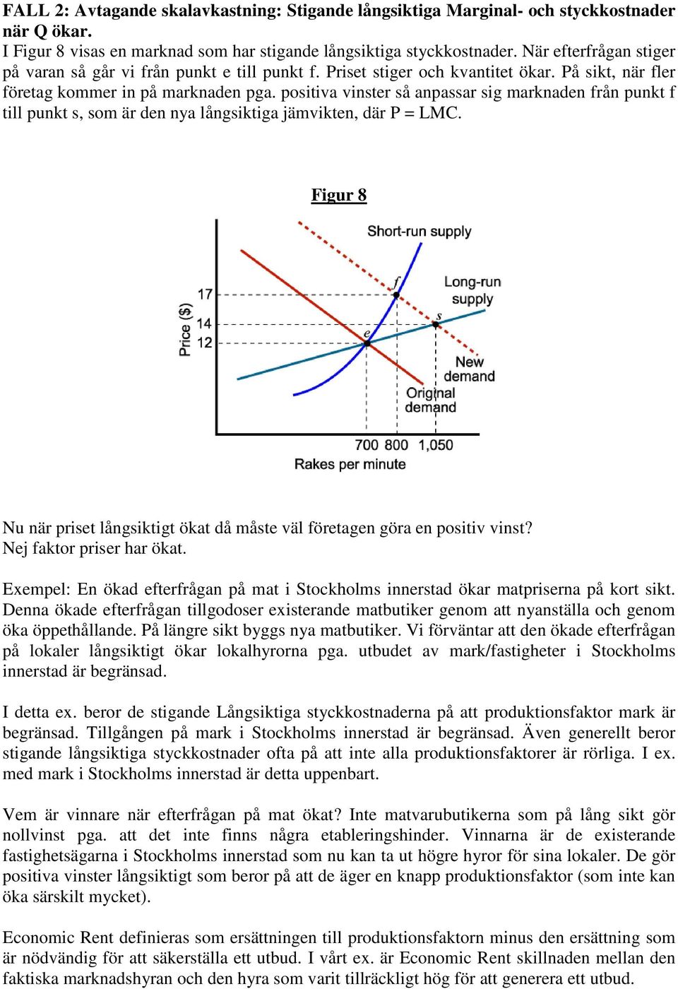 positiva vinster så anpassar sig marknaden från punkt f till punkt s, som är den nya långsiktiga jämvikten, där P = LMC.