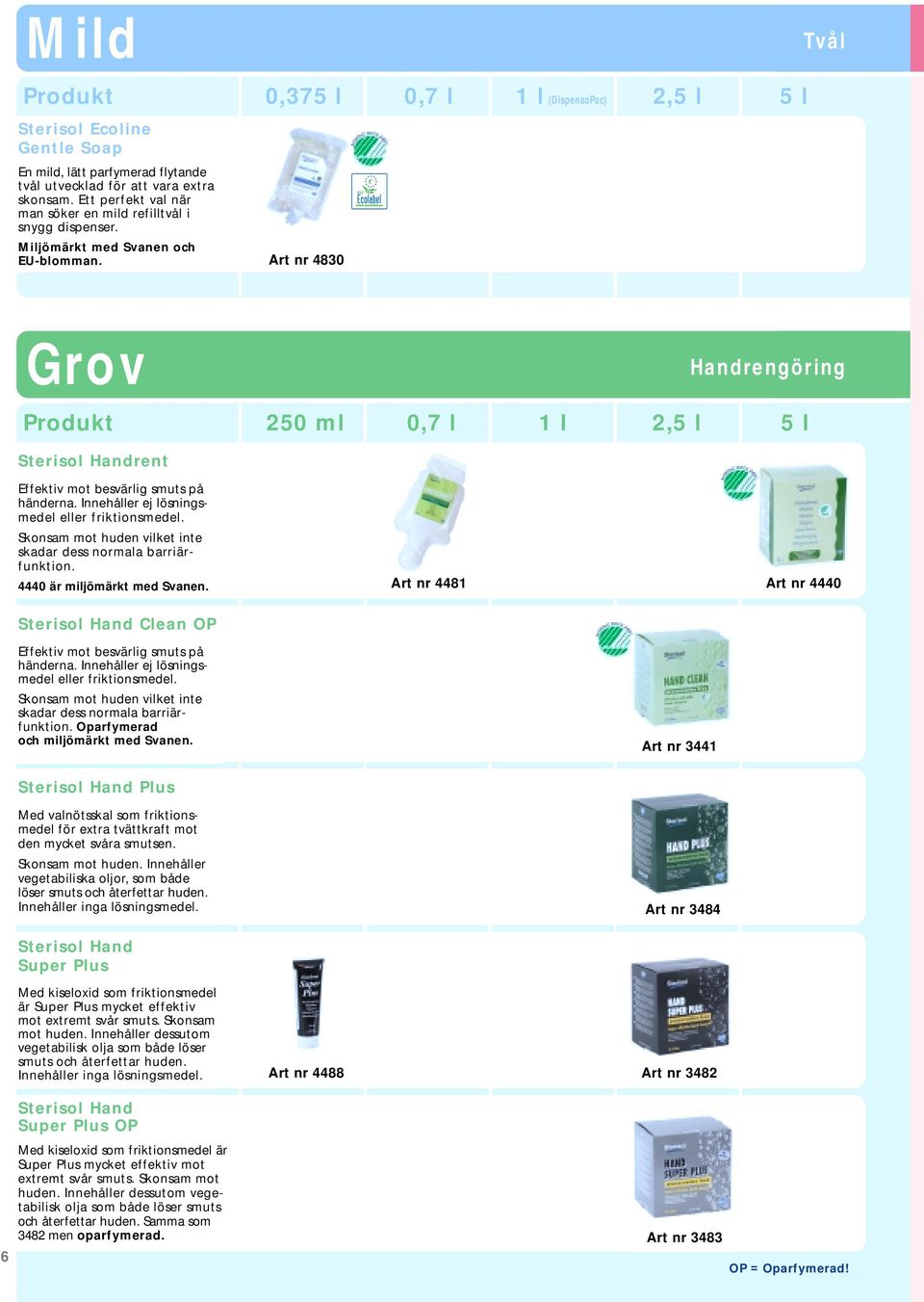 Art nr 4830 Grov Handrengöring Produkt 250 ml 0,7 l 1 l 2,5 l 5 l Sterisol Handrent Effektiv mot besvärlig smuts på händerna. Innehåller ej lösningsmedel eller friktionsmedel.