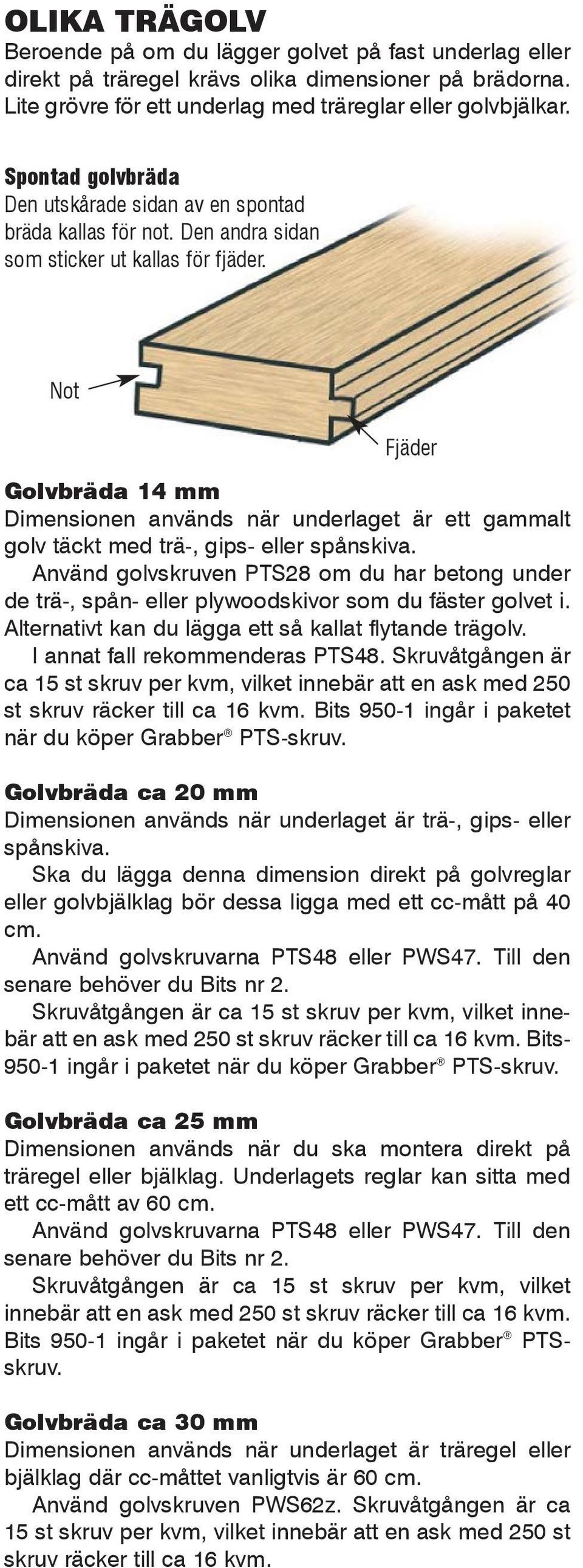 Not Fjäder Golvbräda 14 mm Dimensionen används när underlaget är ett gammalt golv täckt med trä-, gips- eller spånskiva.