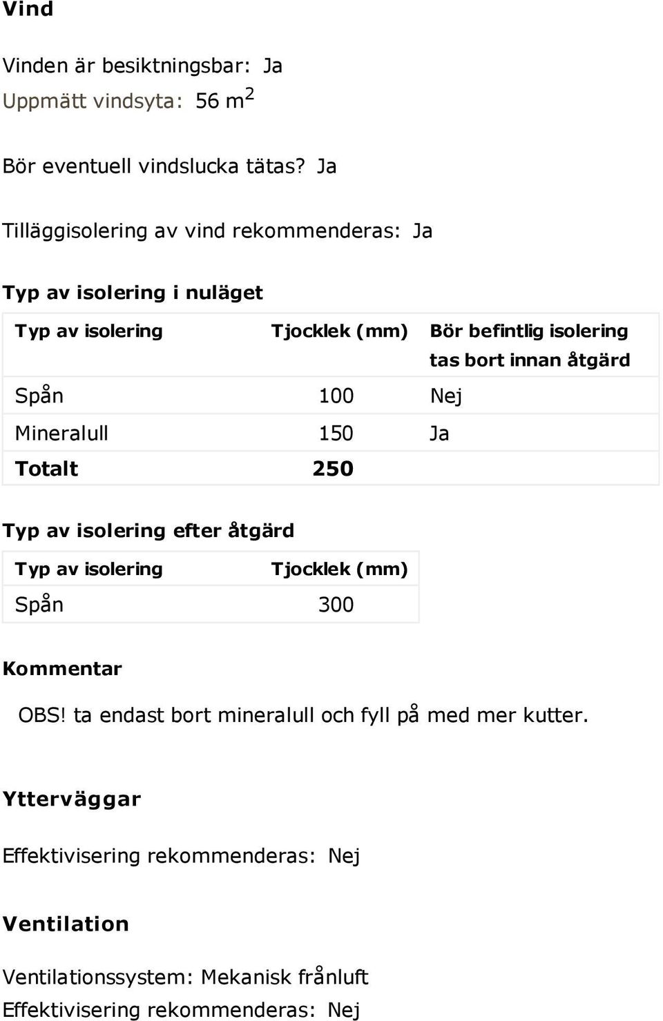 innan åtgärd Spån 100 Nej Mineralull 150 Ja Totalt 250 Typ av isolering efter åtgärd Typ av isolering Tjocklek (mm) Spån 300 Kommentar OBS!